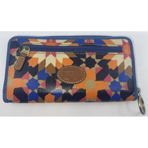 Fossil Starburst‎ Wallet Blue Geometric Zip Around Coin Cards Money 4x8" - Picture 1 of 7